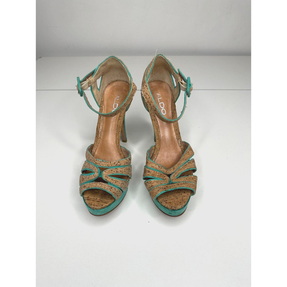 Aldo Platform Turquoise Suede & Tan Cork Stiletto Heel Ankle Strap Sandal 5.5 - Picture 3 of 16